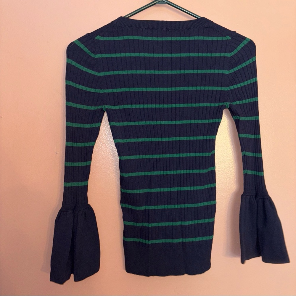 Ann Taylor Navy Blue Green Ribbed Striped Bell Flare Sleeve Sweater Small XS - Picture 2 of 8